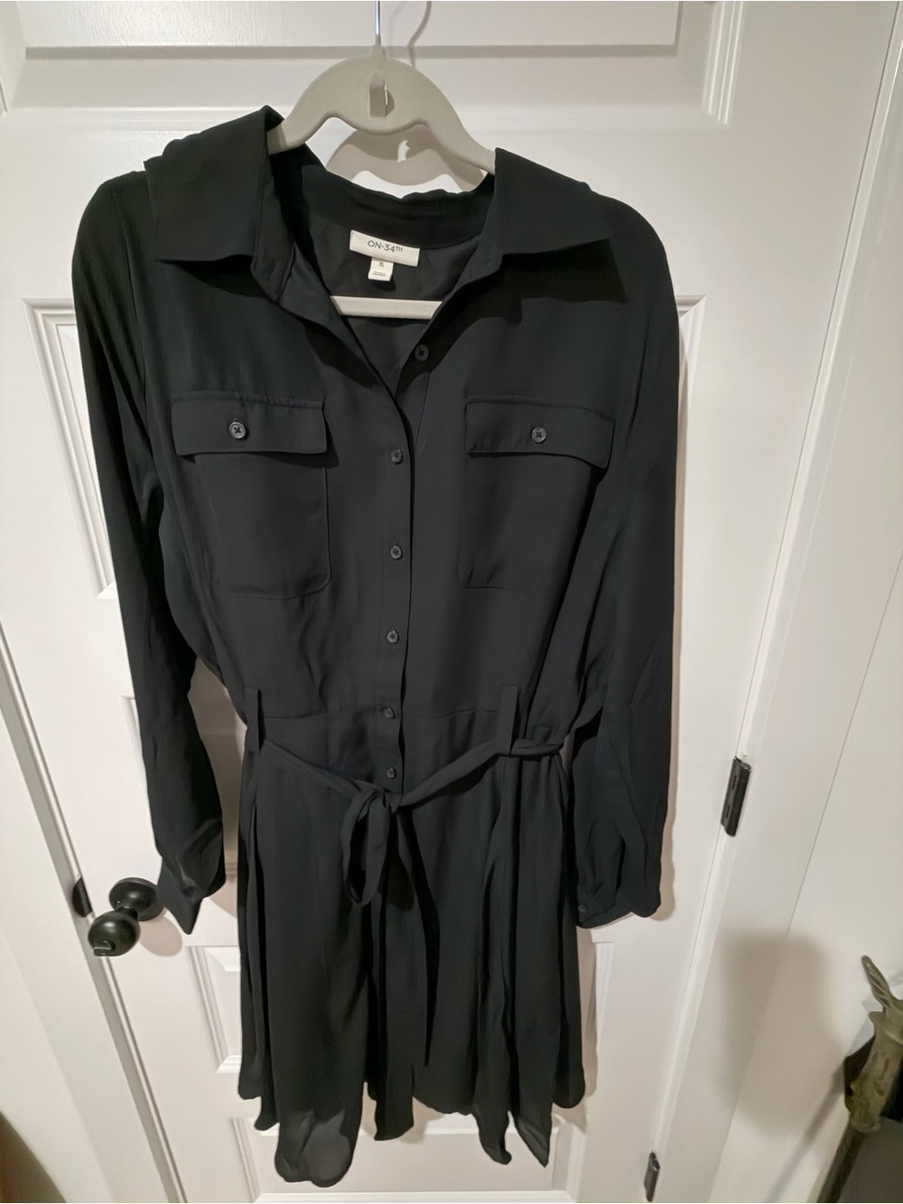 ON 34th Black Long-Sleeve Shirt Dress with Waist Tie